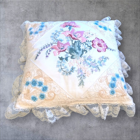 Embroidered Throw Pillow Vintage Cottagecore Floral Lace Pastel Feminine 12" - Picture 2 of 13